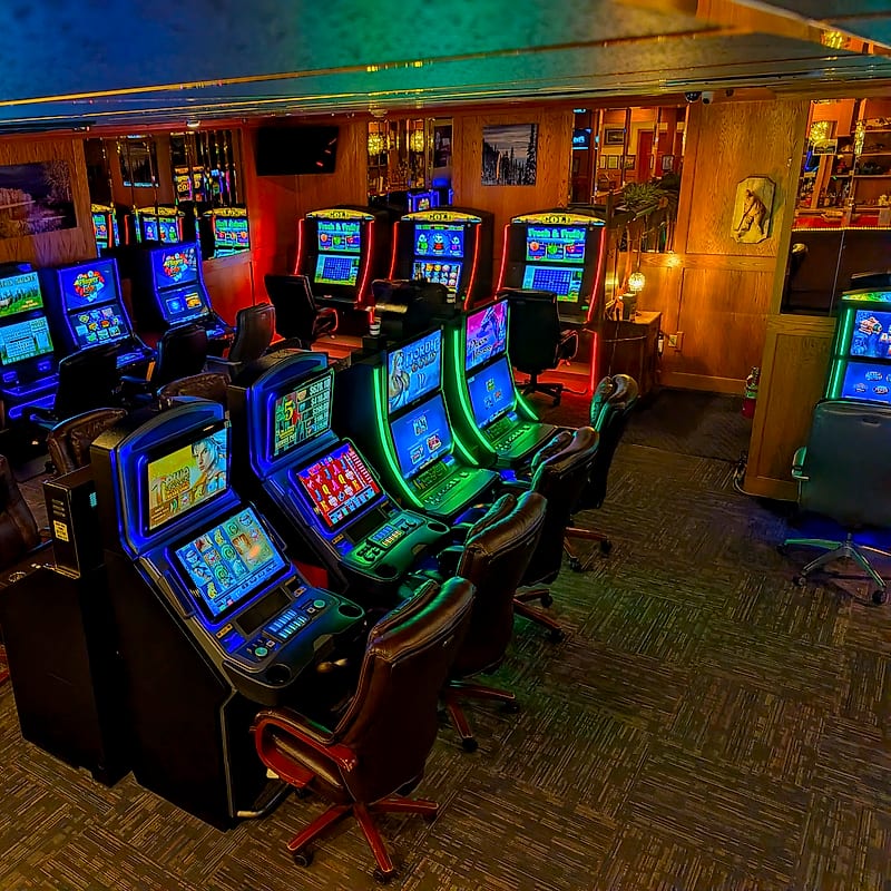 Victorian Casino gaming floor in Whitefish, Montana — overhead view of slot and keno machines